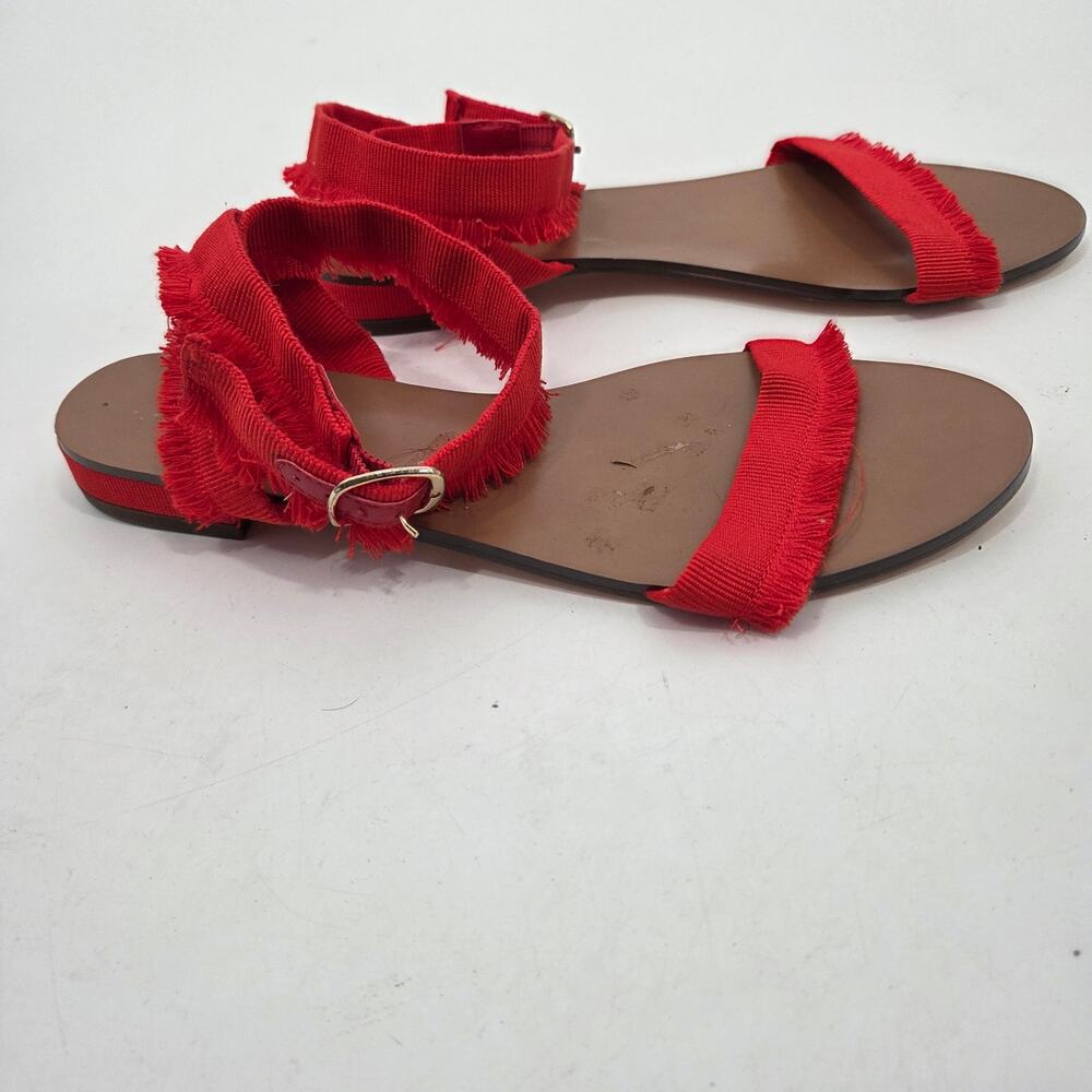J Crew women SZ 7 Red Grossgrain Ribbon Sandal Fringe Leather Summer Preppy